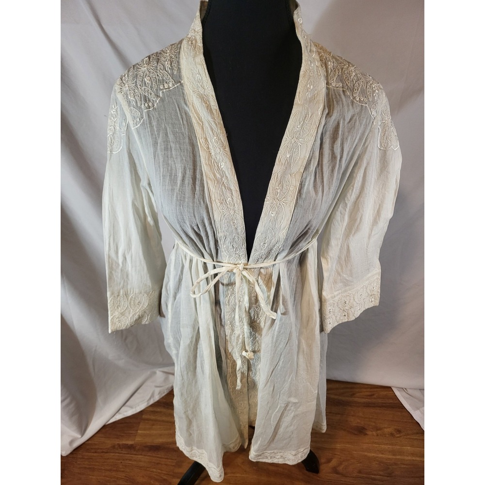 Promod Sheer Embroidered White Tie Front Tunic Romantic Flowy‎